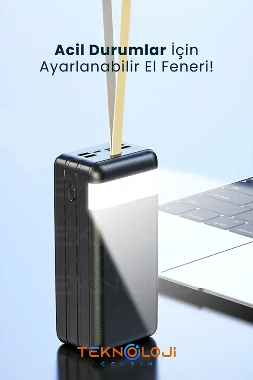 Teknoloji Gelsin 80.000 Mah Powerbank 4 Usb Micro Type-c Lıghtnıg Giriş El Fenerli Kendinden Kablolu Taşınabilir Şarj