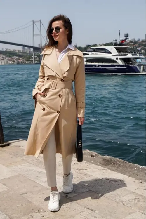 PASTELASTORE %100 Pamuk Gabardin Uzun (110CM) Astarlı Kemerli Kadın Trençkot 1111