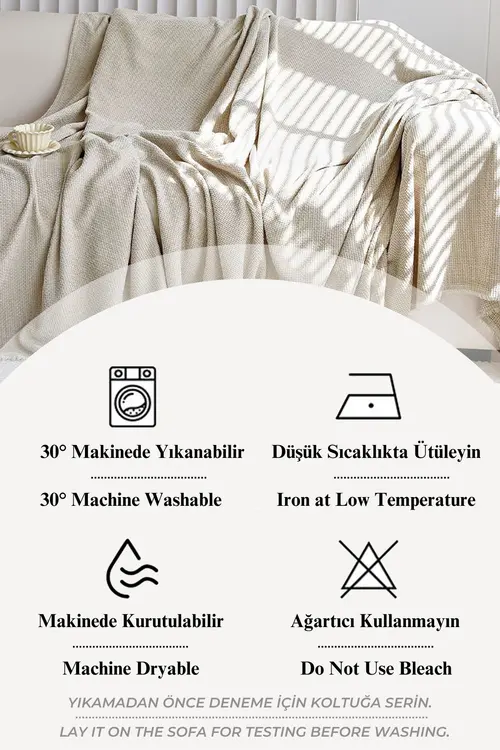 LADYNİL Natural Ekru Koltuk Örtüsü | Koltuk Şalı 180x210 Pamuk