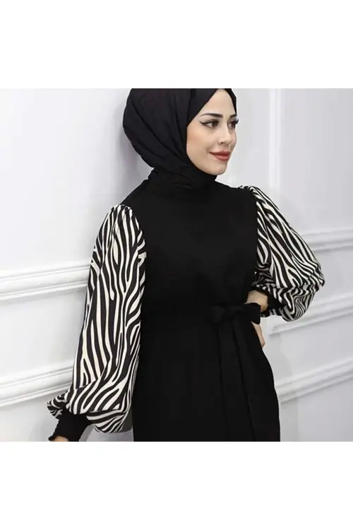 Estel Kadın Kolları Zebra Desenli Uzun Boy Siyah Tesettür Elbise