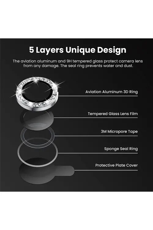 KVK PRİVACY Apple Iphone 13 Pro Max / 13 Pro Uyumlu Gümüş Taşlı Kamera Lensi Koruyucu