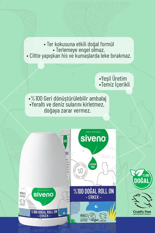 Siveno %100 Doğal Roll-On Erkek Deodorant Ter Kokusu Önleyici Bitkisel Leke Bırakmayan Vegan 50 ml X 2 Adet