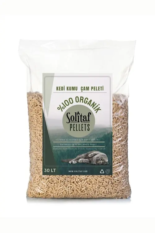 Solitaf Pelet Kedi Kumu 30lt(15KG) Topaklanmayan %100 Organik Çam Peleti Kedi Kumu - Kedi Kumu Çam Peleti