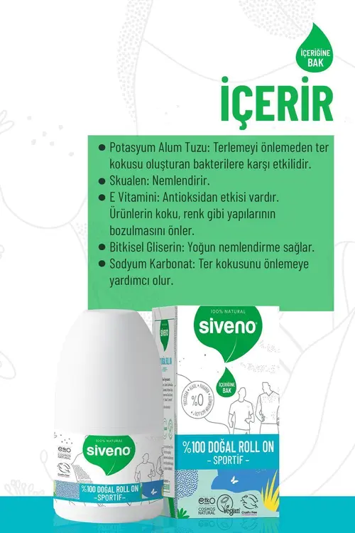 Siveno %100 Doğal Roll-On Sportif Sporcu Deodorant Ter Kokusu Önleyici Bitkisel Lekesiz 50 ml X 2 Adet
