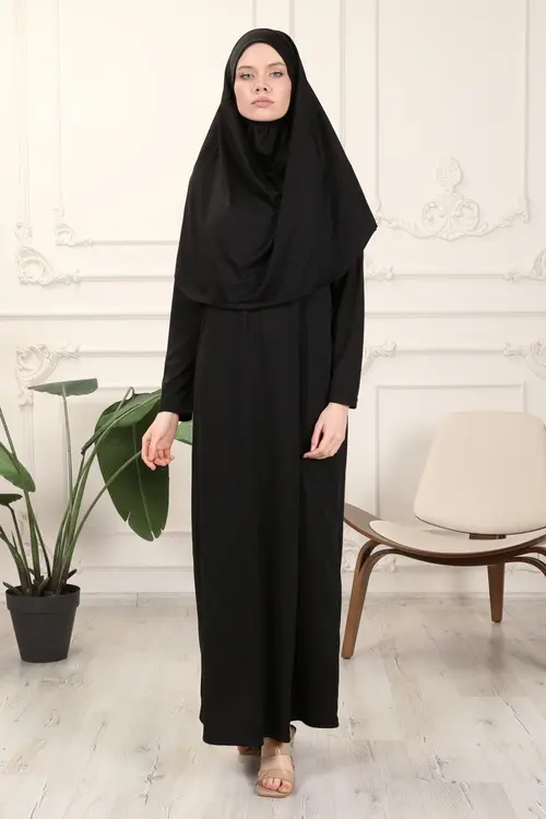 Transacoustic Siyah Tek Parça Kolay Kullanımlı Kendiliğinden Başörtülü Namaz Elbisesi