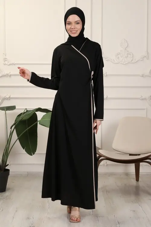 Transacoustic Siyah Kruvaze Yaka Biyeli Esnek Interlok Kumaş Namaz Elbisesi