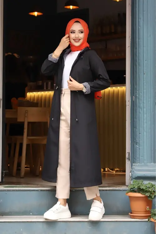 suffemoda Bileği Çizgili Kapüşonlu Trençkot
