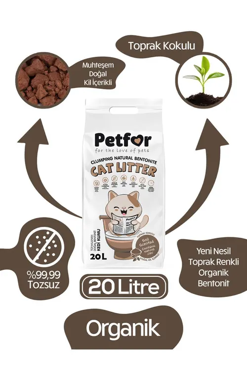 Petfor 20 Lt Toprak Kokulu Yeni Nesil Organik Kahverengi Kedi Kumu