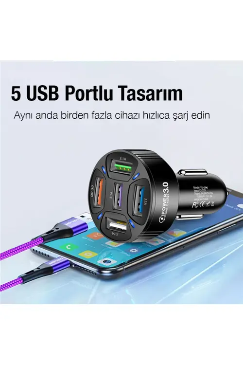 Ally QC3.0 5 Port Çıkışlı Çoklu Usb Araç İçi Çakmaklık Hızlı Şarj Başlığı SİYAH
