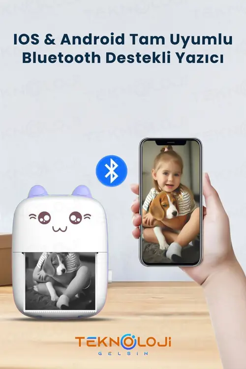 Teknoloji Gelsin Mini Cep Yazıcı Taşınabilir Bluetooth Kablosuz Şarjlı 6 Rulo 3 Kalem Seti Hediye Mavi Yazıcı