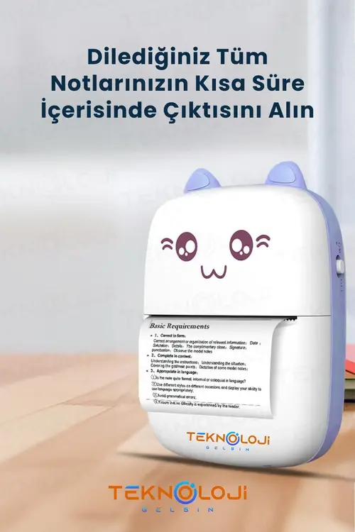 Teknoloji Gelsin Mini Cep Yazıcı Taşınabilir Bluetooth Kablosuz Şarjlı 6 Rulo 3 Kalem Seti Hediye Mavi Yazıcı