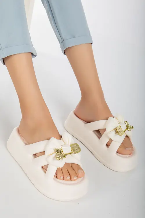 PLN SHOES Kadın Krem Fiyonklu Çapraz Lüx Günlük Plaj Deniz Havuz Terliği