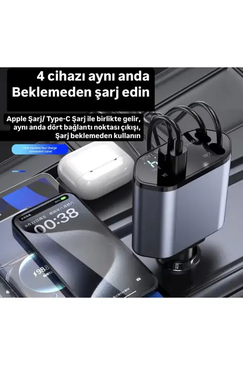 BAUWELT Usb C Typec Apple Araç Şarj Aleti,4'ü 1 Arada Hızlı Şarj Araç Güç Adaptörü | 66w Araç Usb Şarj Cihaz